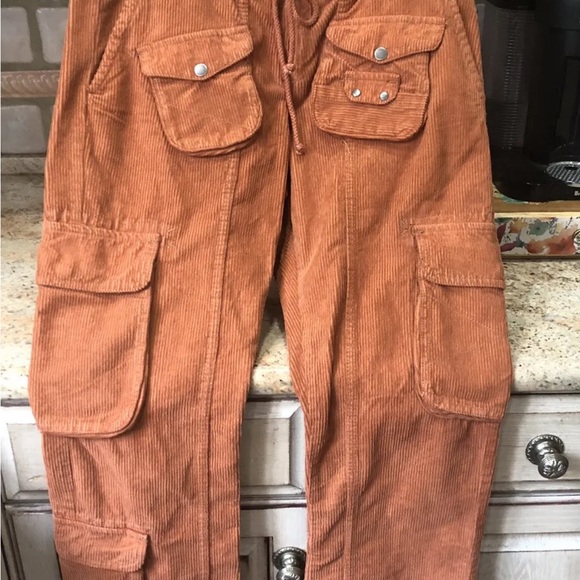 Free People Tahiti Cord Cargo Pants Utility Pockets Smocked Waist Cord Tie Rust - Picture 6 of 7